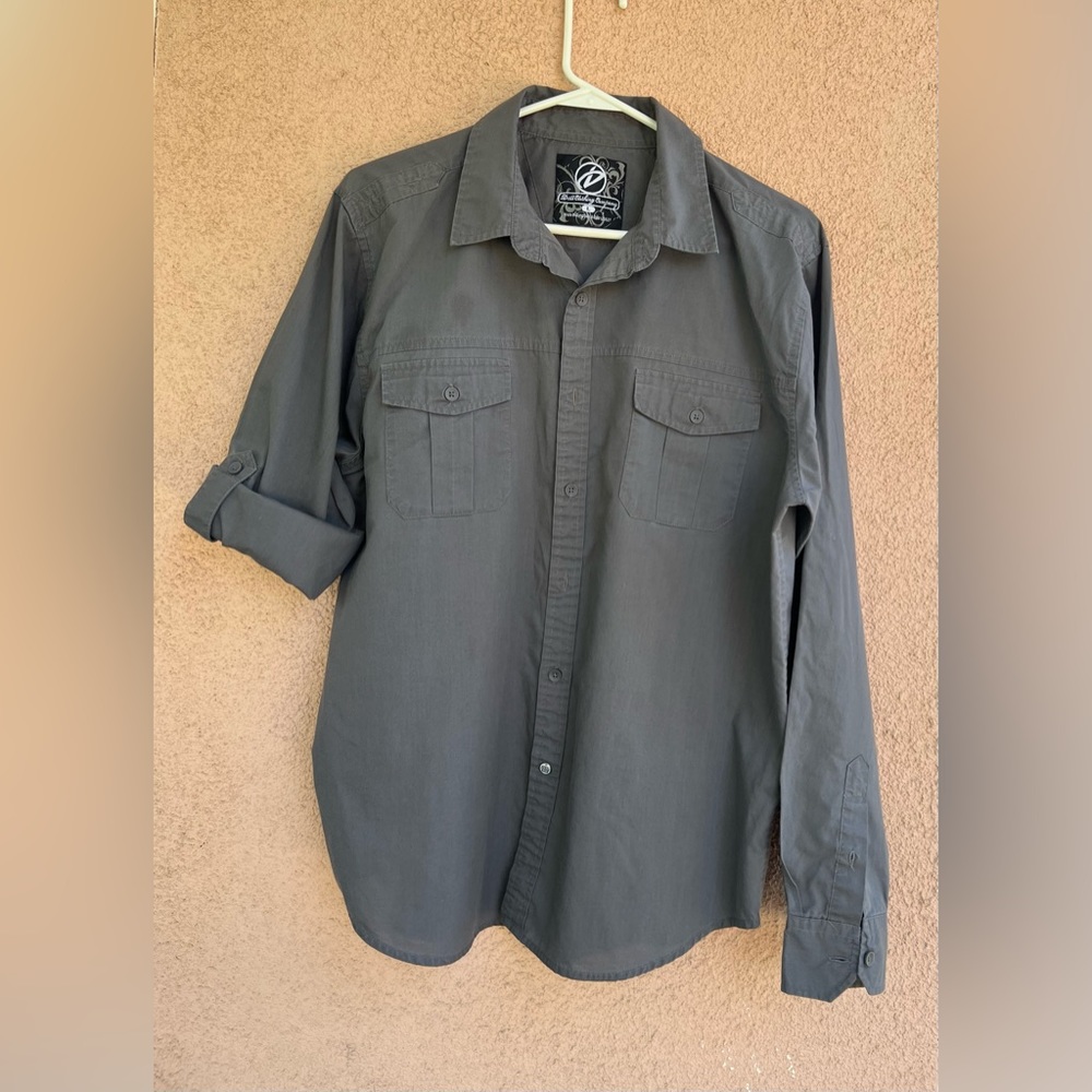 Drill Clothing Co Shirt Men's L Button Up Gray Long Sleeve Pockets Casual Men
